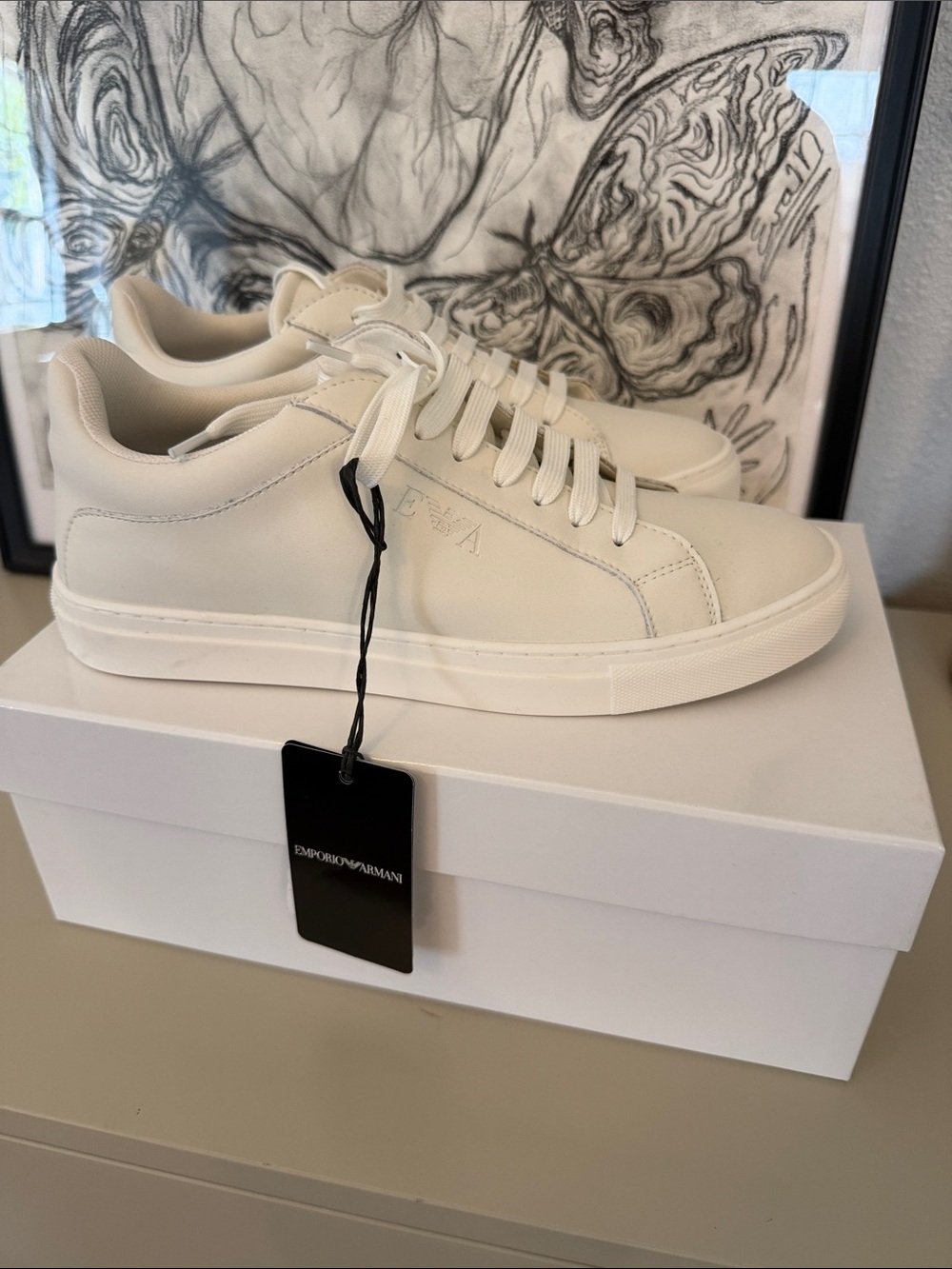 Emporio Armani authentic new womens Cream White Low-Top Leather Sneakers